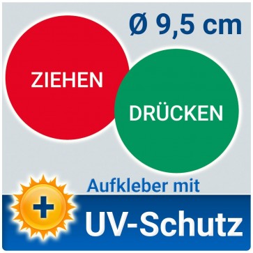 Aufkleber Türschild Drücken und Ziehen (einzeln), Ø 9,5 cm mit UV-Schutz PVC