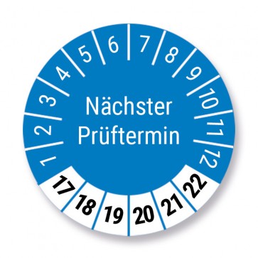 Prüfplakette "Nächster Prüftermin", blau, Ø 30mm, 20 Stück, Jahr 2017 bis 2022 mit UV-Schutzlaminat, Prüfetikett, Prüfaufkleber