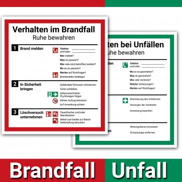 Schild Aushang Verhalten im Brandfall und Verhalten bei Unfällen als Set, 18x20cm, mit UV-Schutz, PVC-Aufkleber, ISO 7010, Betriebsaushang Notfallpla