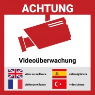 Aufkleber Videoüberwacht mehrsprachig, 12 Stück - 15*15cm, Hochwertig mit UV-Schutz, 5 Sprachen