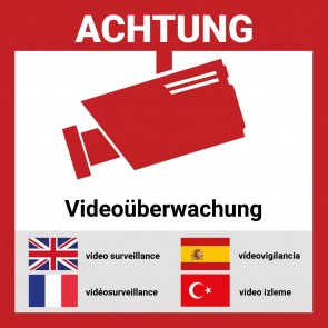 Aufkleber Videoüberwacht mehrsprachig | 12 Stück - 5*5cm | Hochwertig mit UV-Schutz, 5 Sprachen, Schilder Videoüberwachung